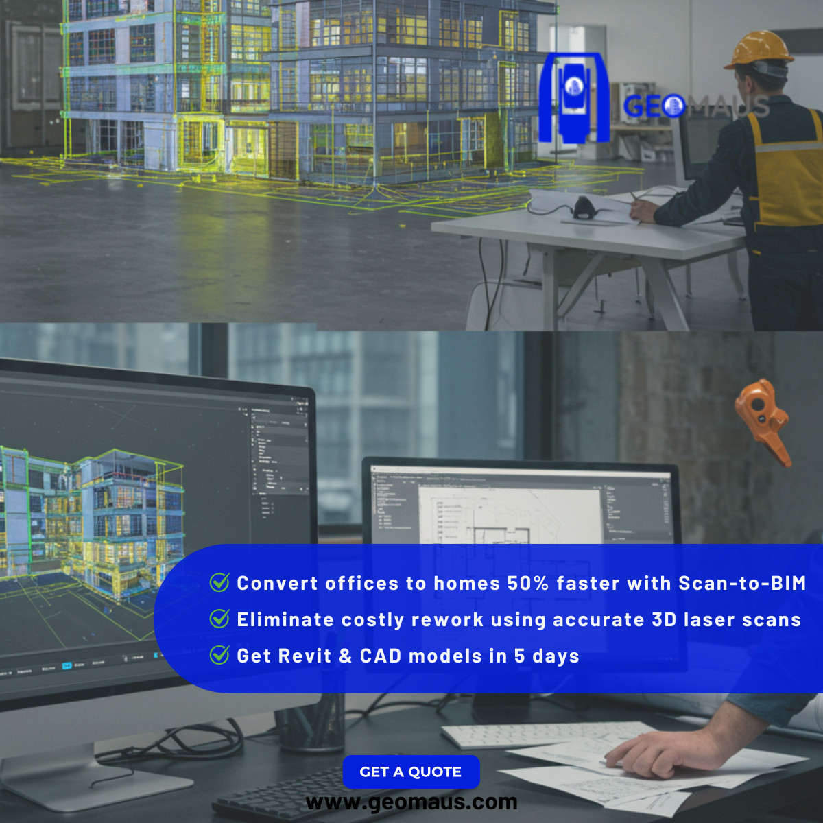 Architect reviewing 3D laser scan BIM model of office conversion project on computer screen for renovation planning