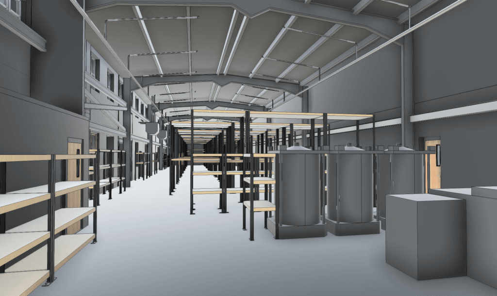 Coordinated BIM / Revit Model showing racking, equipment, and storage areas - Paint Manufacturing Plant