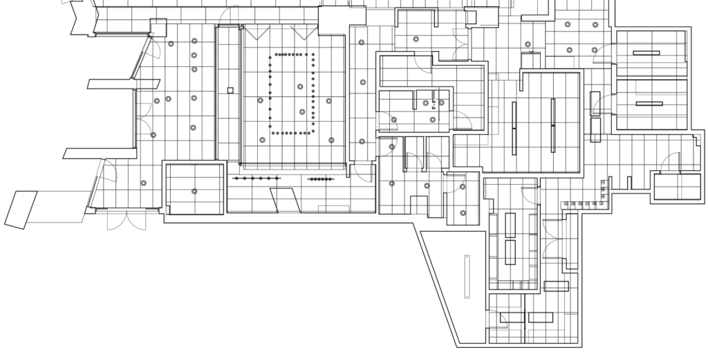 Reflected ceiling plan of a restaurant showing the ceiling grid and light fixture positions