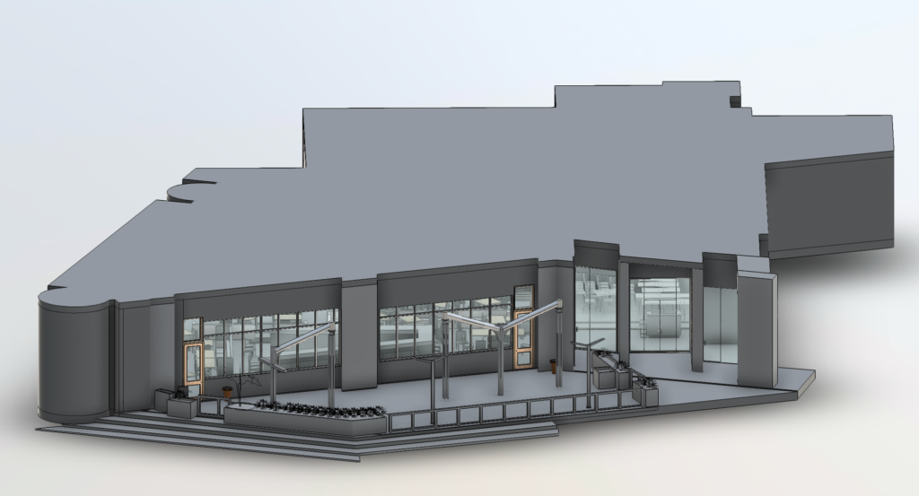 3D Revit model of a restaurant exterior with angled glass façade, curved corner, and patio