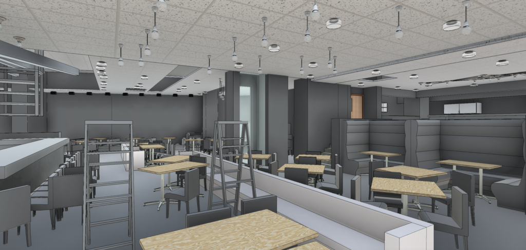 Revit interior view of a restaurant dining room with booths, bar seating, and pendant lighting