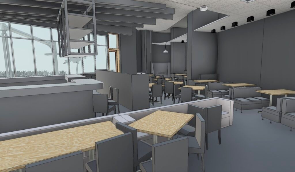 Revit model interior of a Washington, DC restaurant with dining tables, booths, a bar counter, and full-height glazing